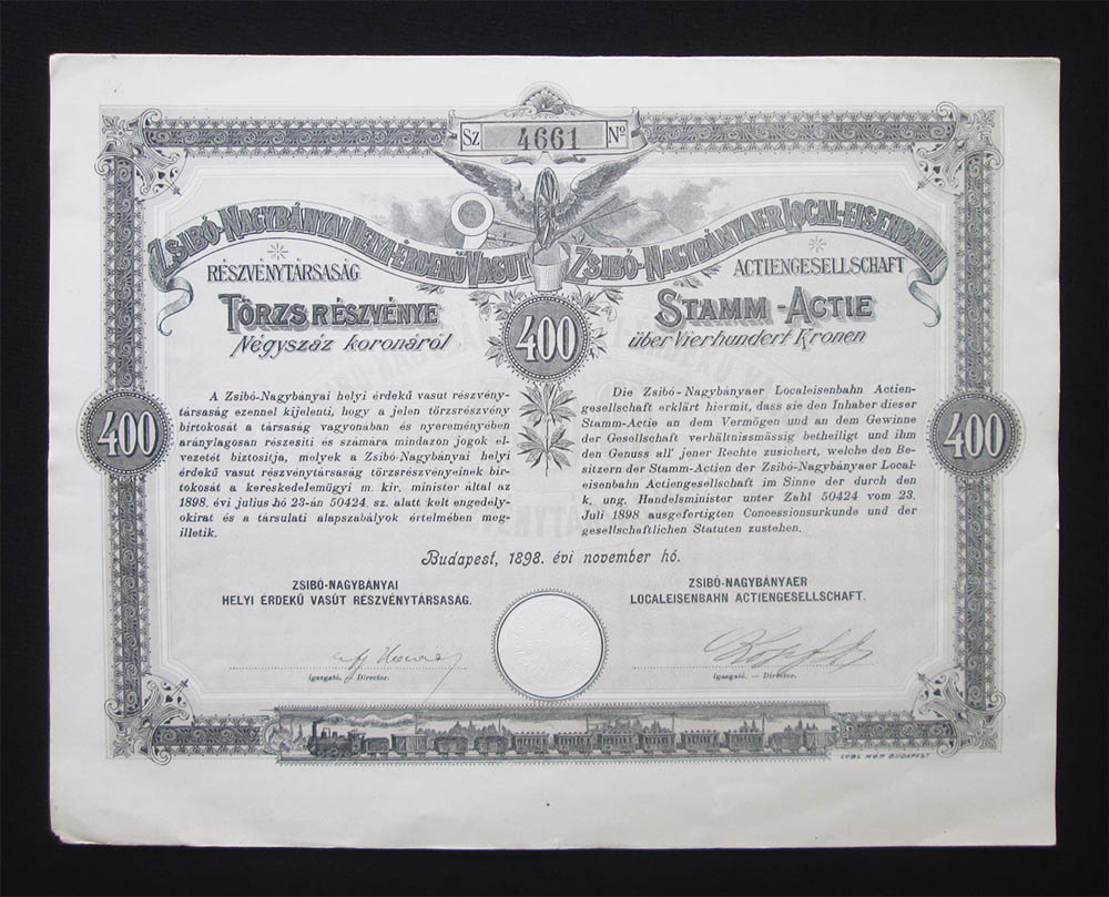 Zsib-Nagybnyai H. . Vast trzsrszvny 400 korona 1898 (ROU)